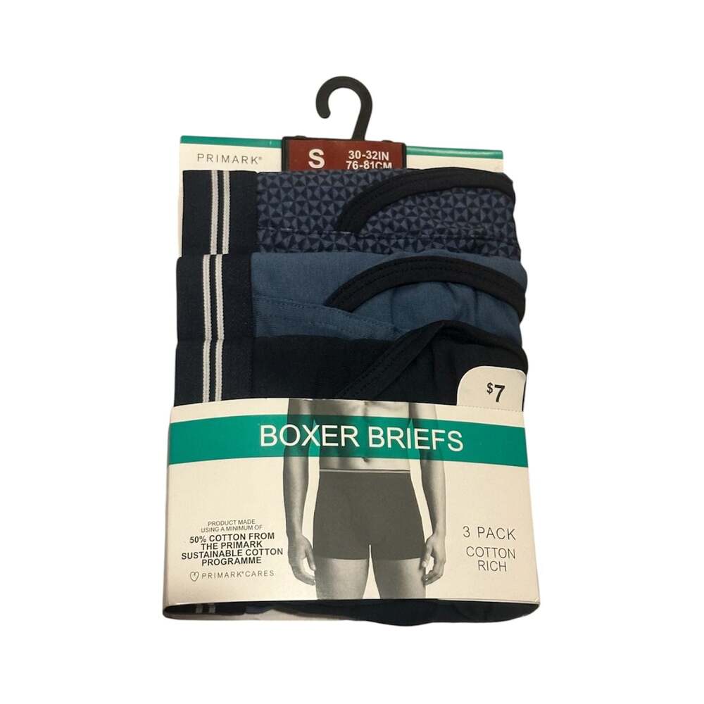 Primark Cotton Rich Men's Boxer Briefs, 3-Pack, Navy/Blue Assorted, Size Small
